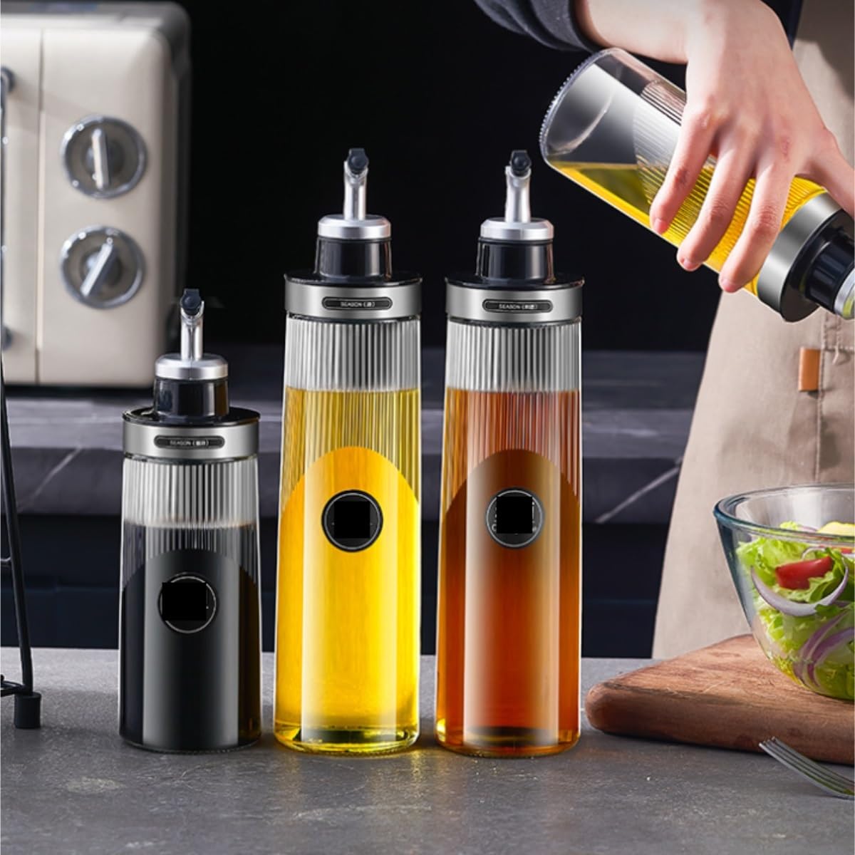 Set di 3 dispenser di olio in vetro, 22 cm, bottiglie di aceto e salsa di soia eleganti vasi per condimenti per cucinare design senza appendere, perfetto per chef domestici