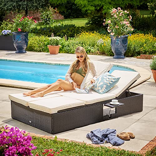 Deuba Polyrattan Sonnenliege XXL 2-Personen mit Klapptischen 193x116cm Doppelliege Verstellbar 7cm Auflage Schwarz Creme – Bild 6