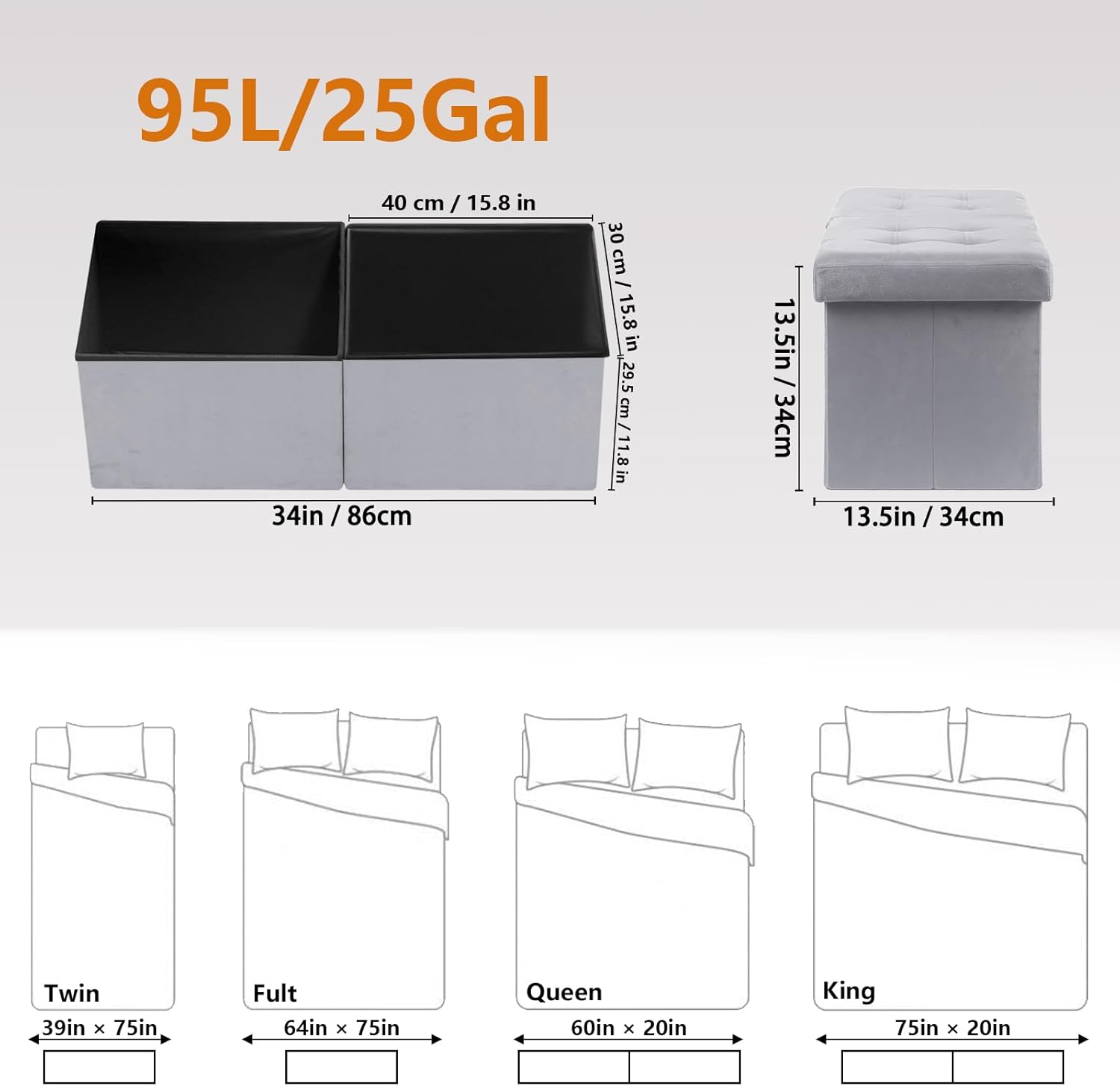 AmasSmile® Storage Ottoman Foot Rest Stool, 34 inch Velvet Footstool Bench, Short Ottoman Stool, Small Folding Storage Ottoman Store Books, Records, Grey - Image 9