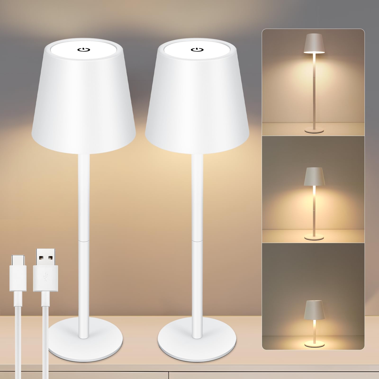 2 lámparas LED de mesa con batería, USB-C inalámbrica Lamparas de Mesa con 3 Temperaturas de Color Ajuste Tactil,5000mAh, IP54 resistente al agua, Adecuada para Interior,Exterior, Blanco