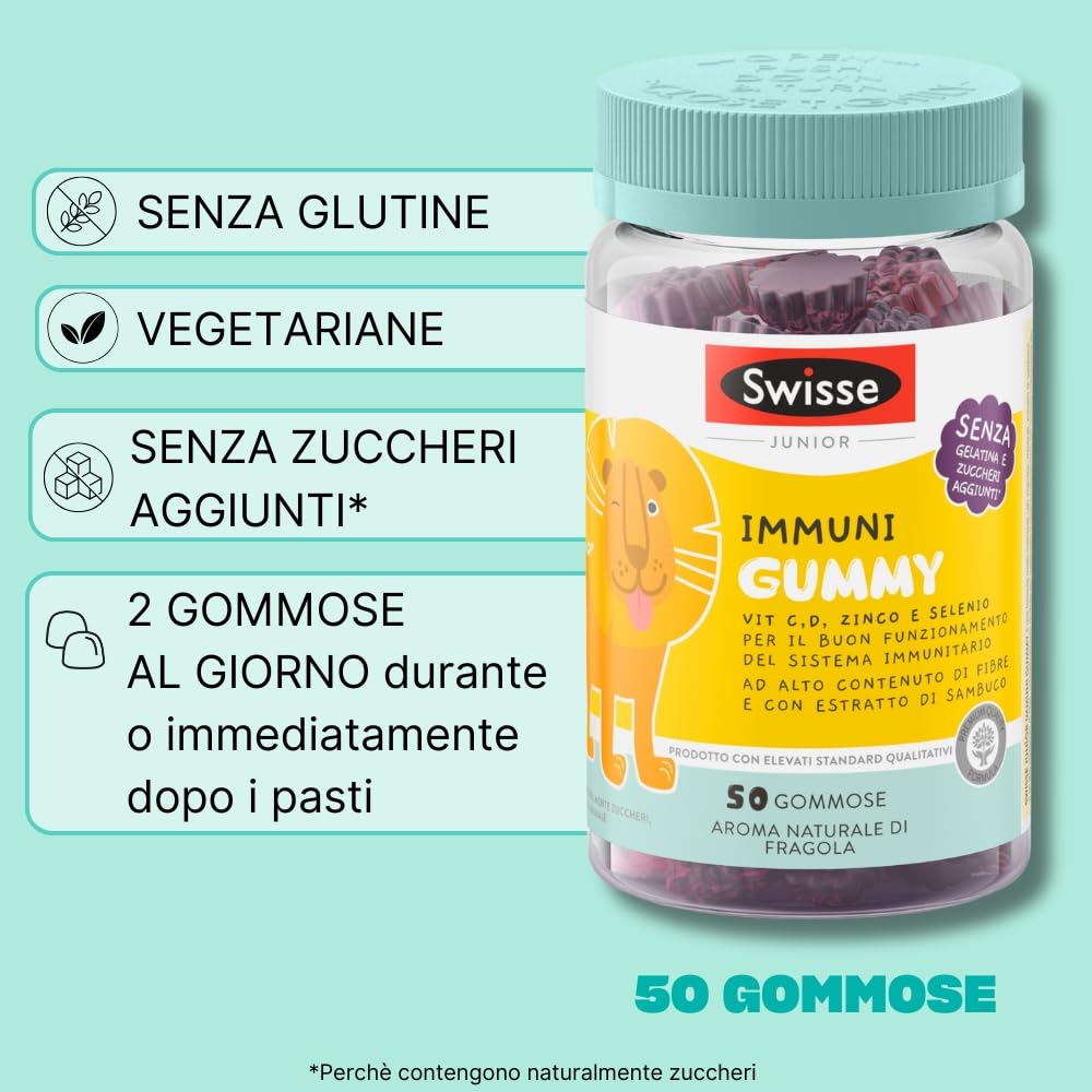 SWISSE Junior - Multivitaminico Completo Bambini con Vitamina D C B12 B6 e Minerali per Supporto al Sistema Immunitario, 50 Gommose ad Alto Contenuto di Fibre, Aroma Naturale di Fragola, Made in Italy