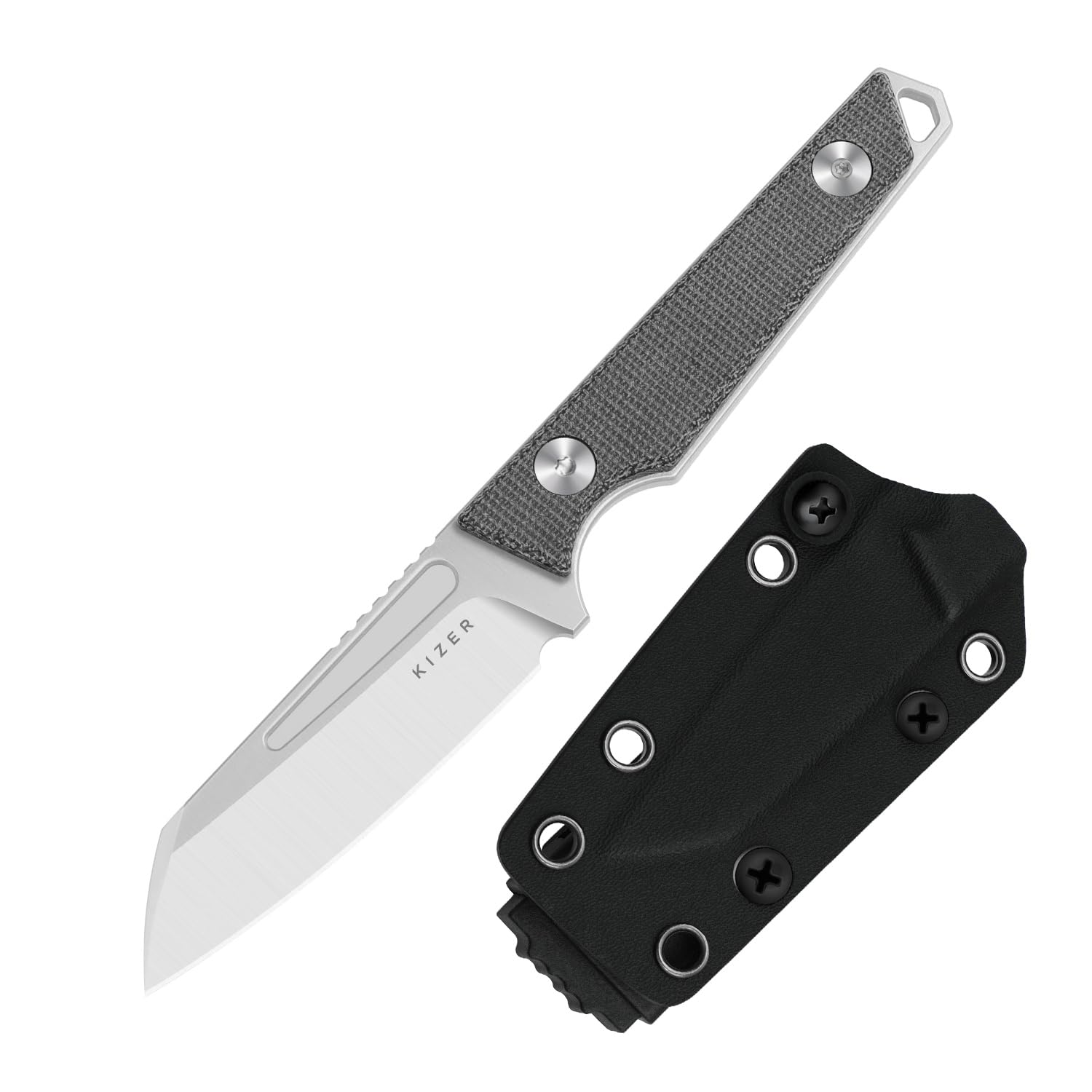 Kizer Phasmids Cuchillo de Hoja Fija con Funda, Hoja de Acero AEB-L de 7 cm, Cuchillo de Camping de Espiga Completa con Mango de Micarta Negra, Cuchillos EDC para Senderismo 1079A3