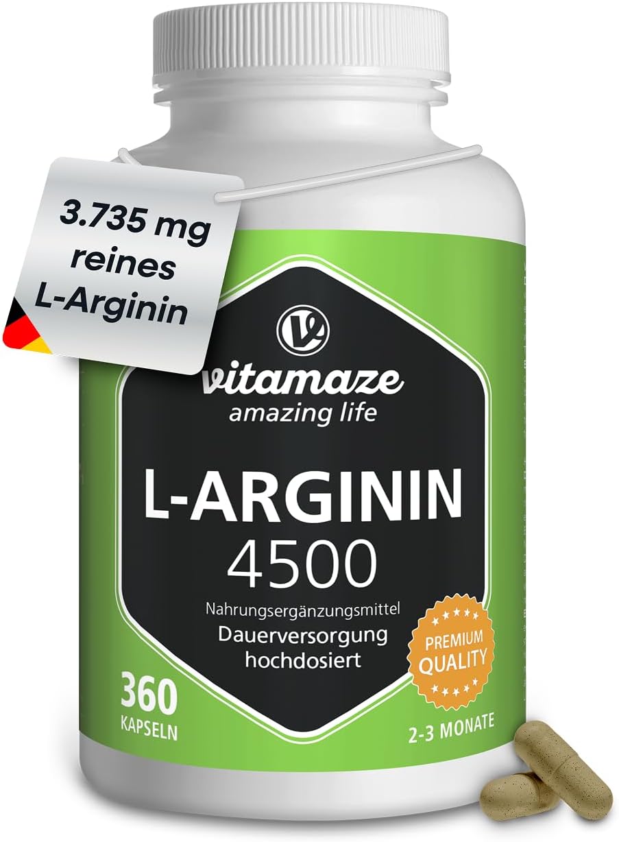 L Arginine 4500 mg, 360 Capsules for Sport Performance Booster, Supplements for Men and Women, Natural Supplement of Pure L Arginine Without Additives, Vitamaze