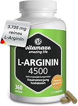 L-Arginine Capsules highly dosed 4500 mg per daily dose, 360 capsules for 3 months, Natural food supplement without unnecessary additives, Made in Germany