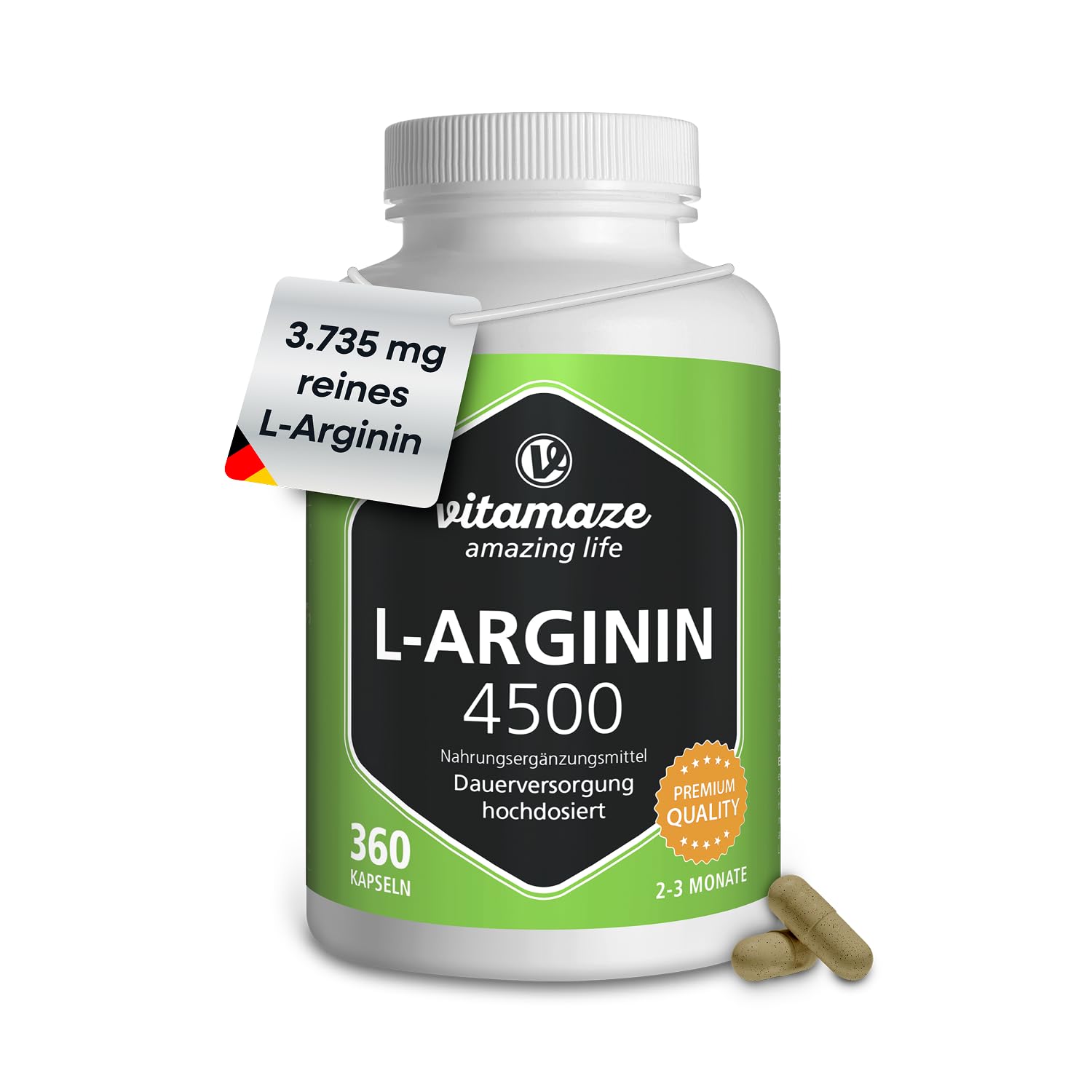 L-Arginin Kapseln, 750 mg pro Kapsel, 360 Kapseln reines L-Arginin HCl aus pflanzlicher Fermentation, Nahrungsergänzung ohne unnötige Zusatzstoffe, Made in Germany