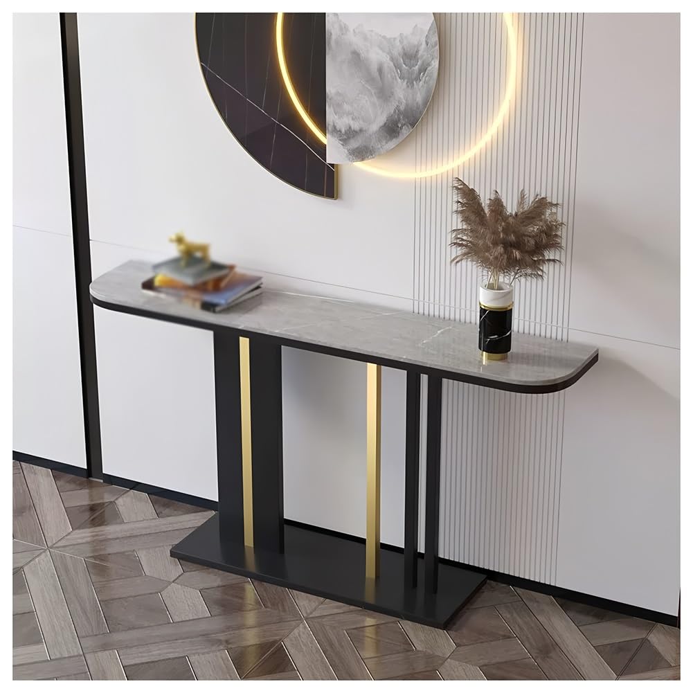 Mesa consola estrecha para entrada con base geométrica de metal y sobre de madera elegante