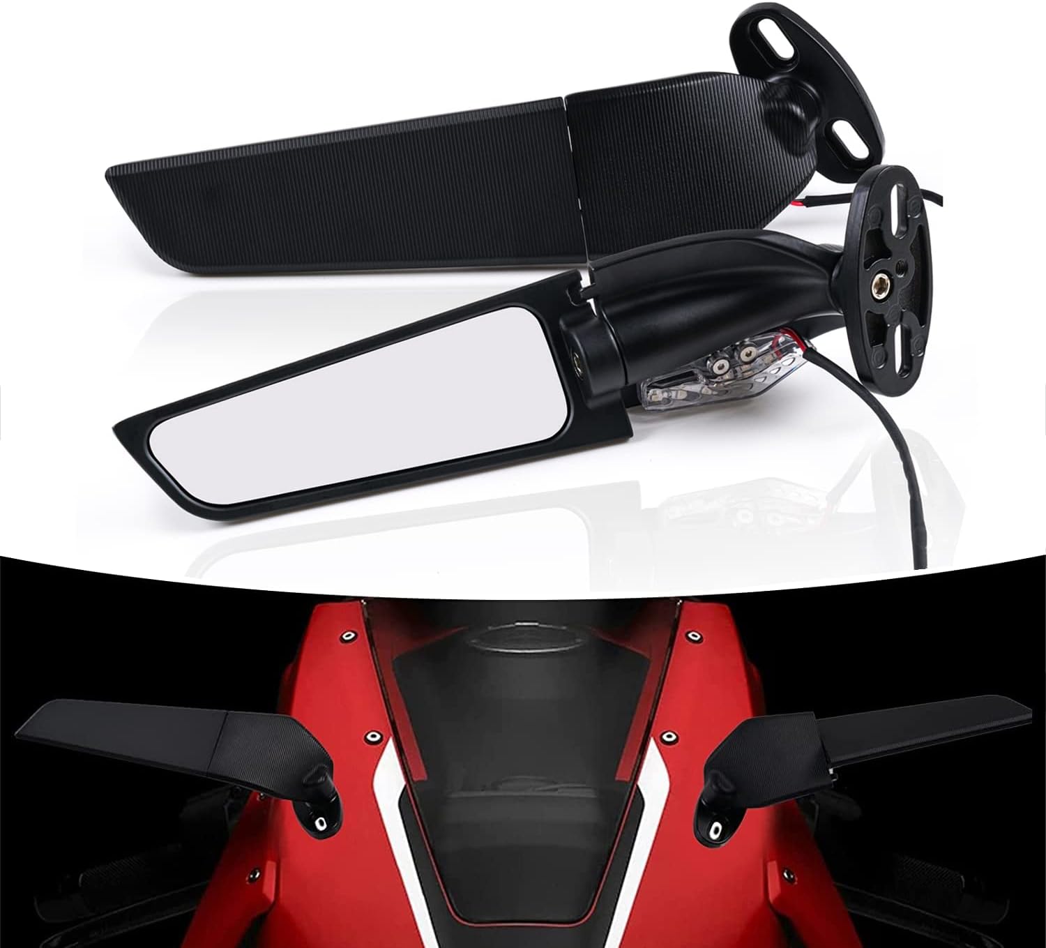 Motorcycle Rearview Mirrors, Adjustable Rotating Side Mirrors Fit for Honda Kawasaki Suzuki Yamaha Motorcycle Wing Mirror - Large Black