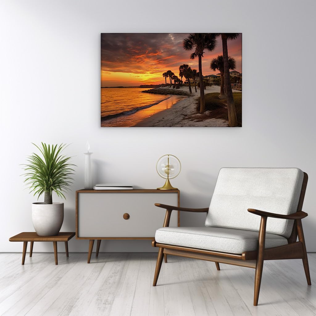 Canvas for Living room. Sunset Serenade: Palm Trees and Pristine Sands Meet a Fiery Sky, 27 x 18 inch Canvas Wall Art - Beach Sunsets And Sunrises - Modern Home Decor
