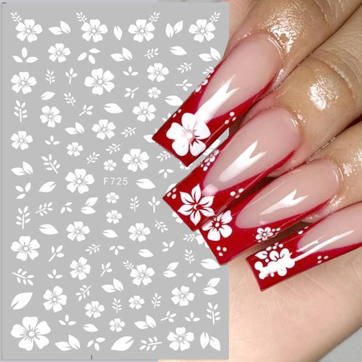White Flower Nail Art Stickers White Cherry Blossom Nail Decals 6Sheets 3D Flower Nails Adhesive Sliders Nail Art Supplies Floral Leaf Design Manicure Accessories for Women DIY Nail Decorations