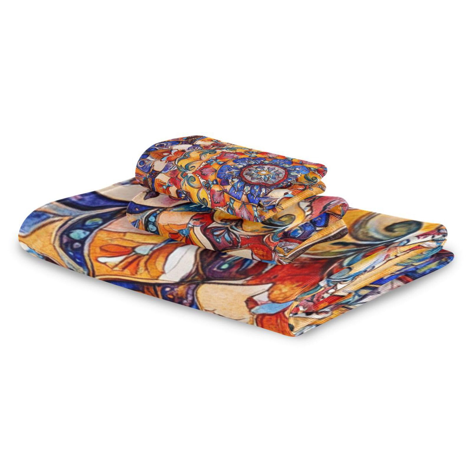 Bohema wzór boho vintage mandala czyszczenie ręczników do twarzy zestaw 3 sztuk, 1 ręcznik kąpielowy 1 ręcznik do rąk 1 myjka do kuchni łazienki jogi siłowni