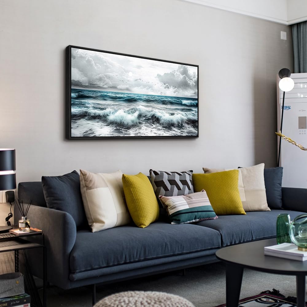 ERQINHUA Black And White Beach Canvas Wall Art For Living Room Wall Decoration For Bedroom Office Decor Blue Sea Wave Pictures Modern Hotel Room Home Decor Wall Painting Black Framed 20x40 In