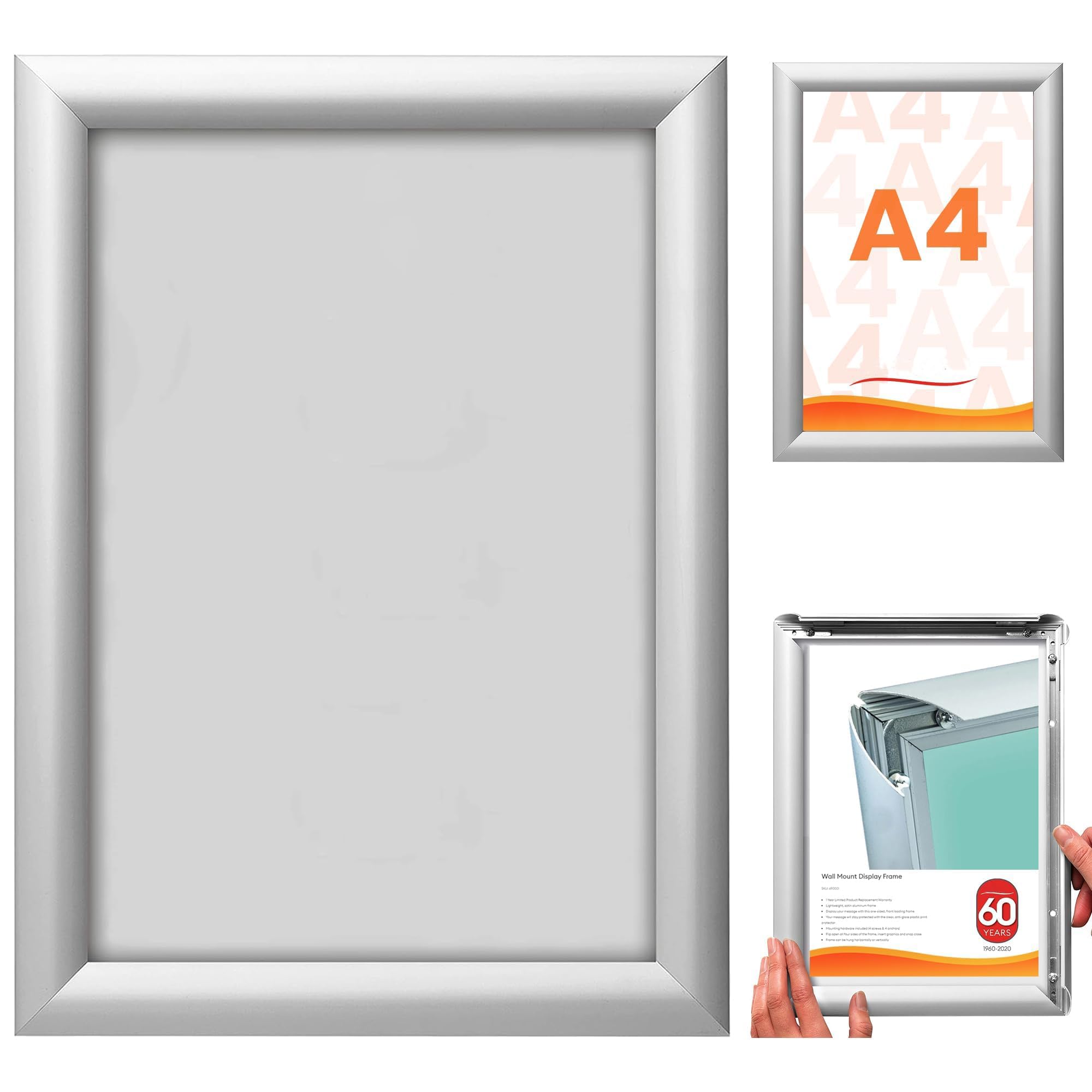 KASTWAVE A4 Snap Frame Silver - Aluminium Clip Frame for Certificate, Wall Display & Photo Hanger - Poster Holder with Convenient Front Opening Clips, 1PCS