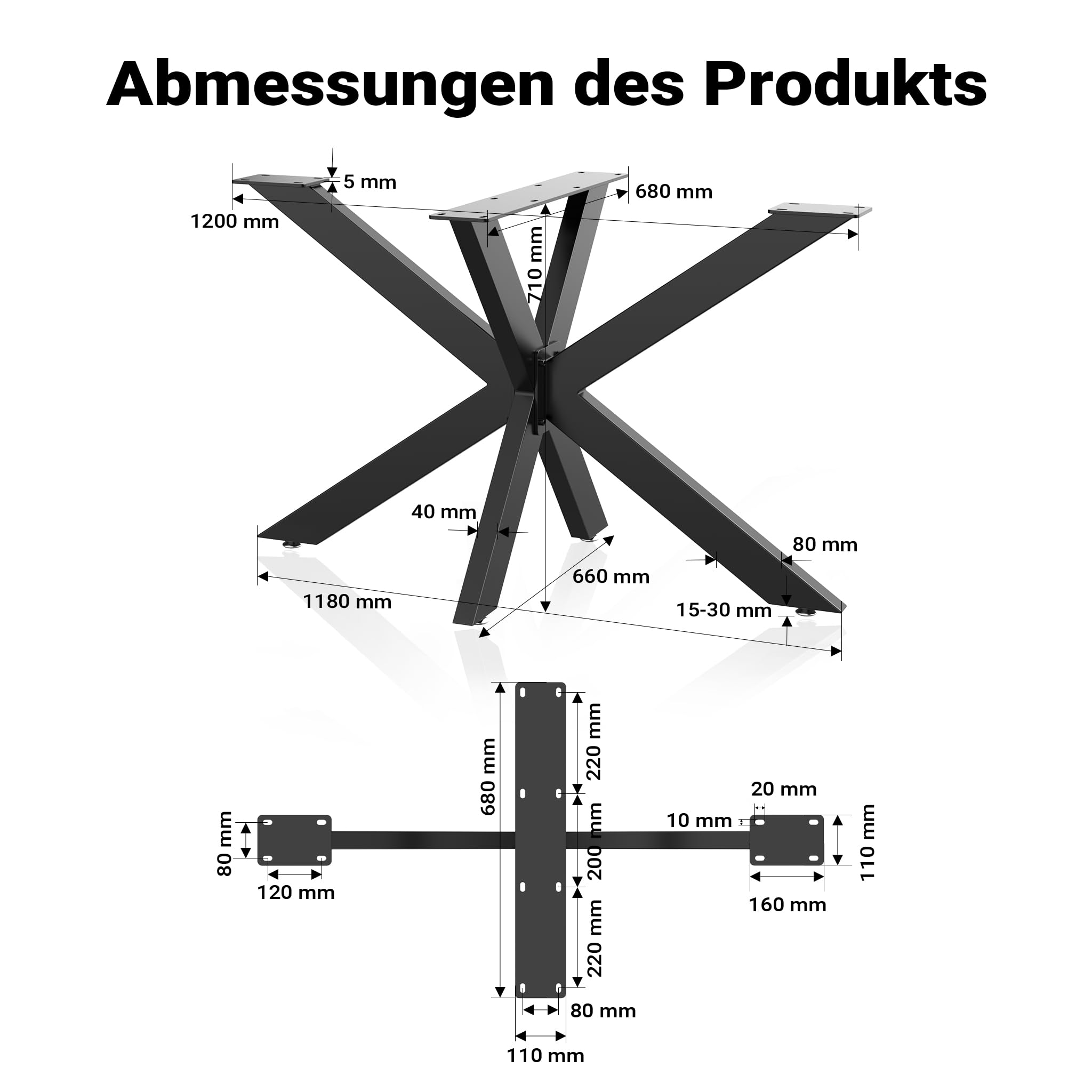 XPOtool Tischbeine aus Stahl Spidergestell 71x68x120cm in Schwarz Tischkufen Tischgestell Tischuntergestell mit Spider-Profil