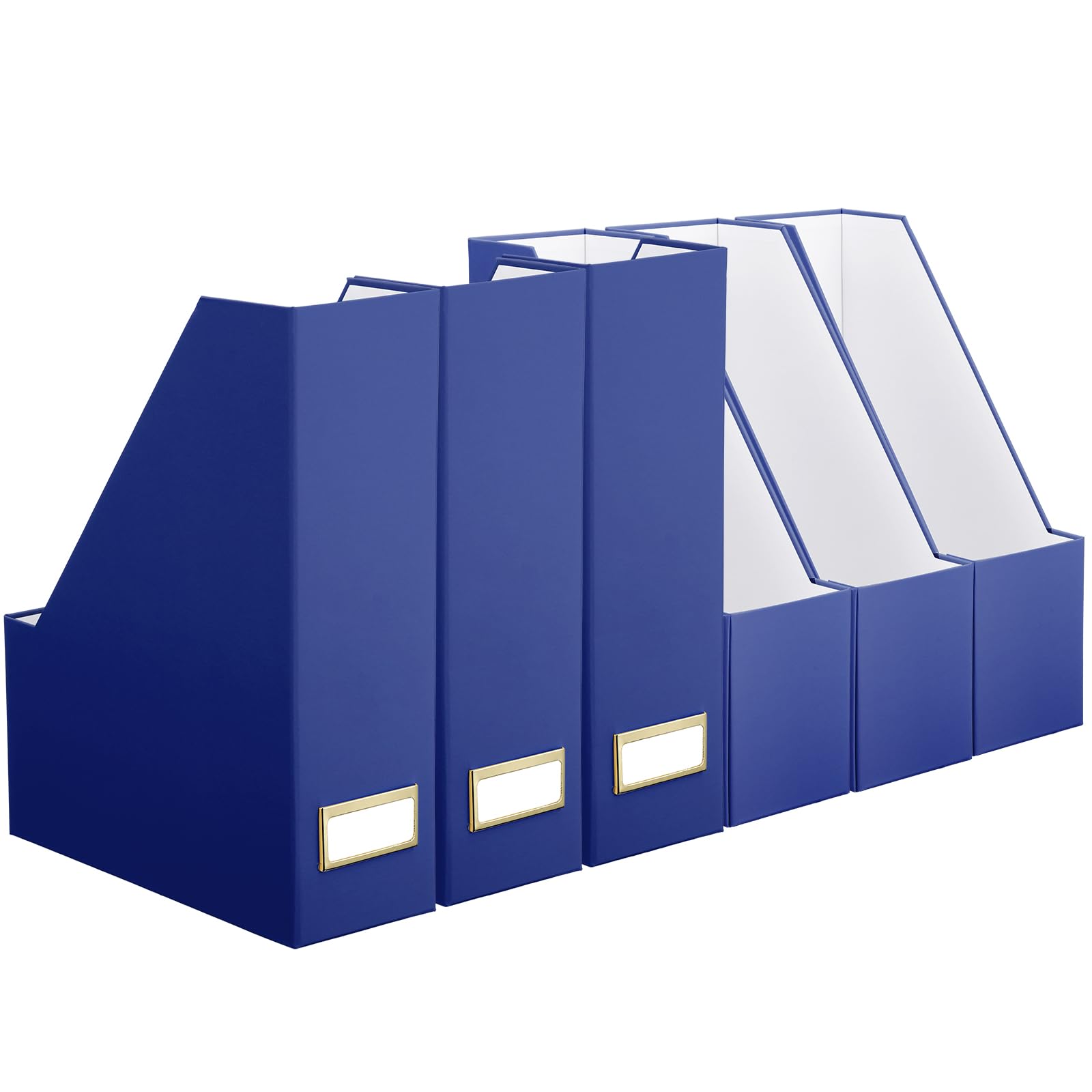 Feifeiya Magazine File Holder Set of 6 Stylish Sturdy Cardboard File Boxes Desk Organizer Beautiful Magazine Holder Rack with Gold Label Holder for Home Office Desktop Bookshelf Classroom (Navy Blue)