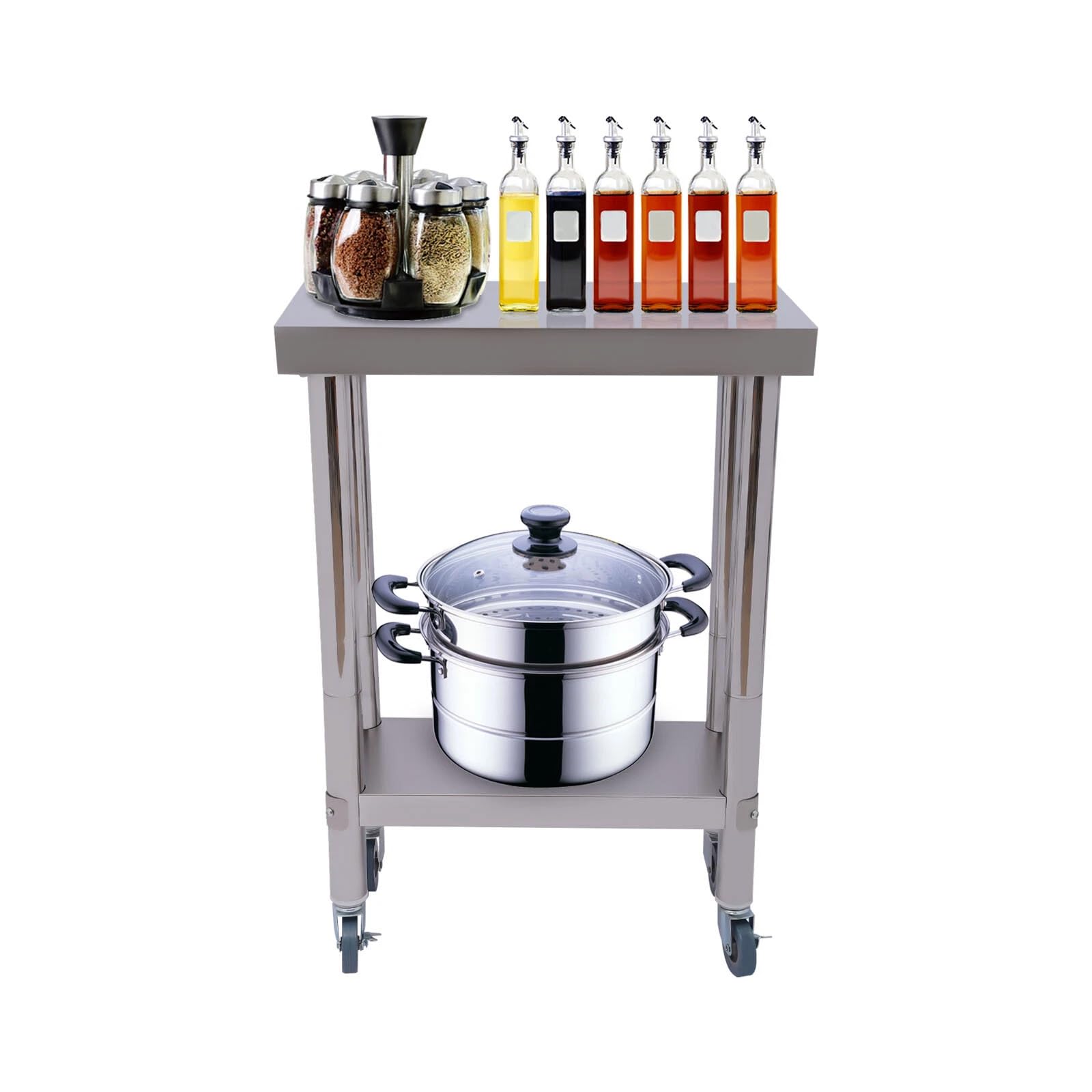 Mesa de trabajo de acero inoxidable, 2 capas, con ruedas, soporta hasta 300 kg | 60 x 30 x 85 cm, 2 niveles, tubo redondo engrosado, 2 ruedas con freno. Fácil de limpiar, dos estantes, uso estable