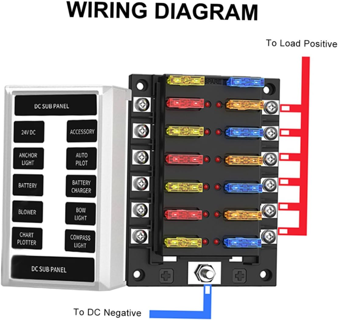 Ciieeo 42pcs Waterproof Automotive Fuse Block Set 12-Way Marine Fuse Box Adjustable Height and Indicator Light Includes and Terminal Connectors for RVs and Boats