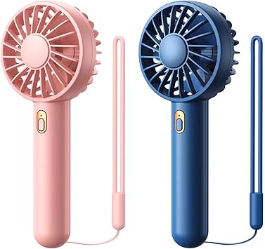 Warmco Mini Portable Fan 2-Pack - 3 Speed Rechargeable Handheld & Desk Fan with Base, Compact Cooling for Travel, Makeup, Summer Gift Blue & Pink