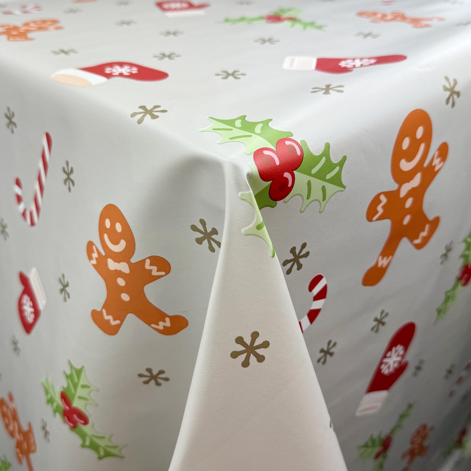 Home Expressions Grey Christmas Tablecloth Gingerbread Man, With Candy Canes And Mistletoe Wipe Clean Vinyl Table Cloth/Protector Textile Backing