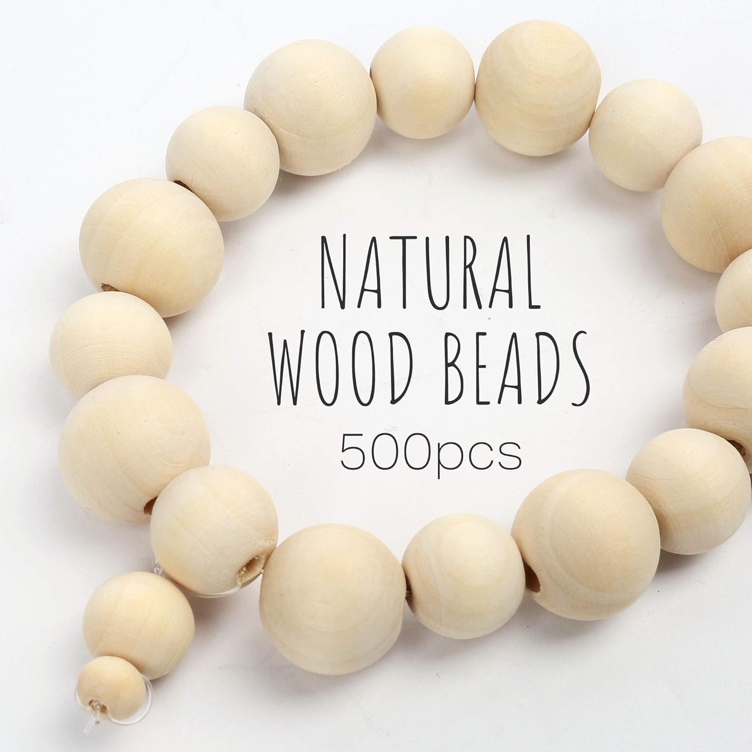 LotFancy Perline di Legno da Infilare, 500 Palline con Foro in 6 Misure, Perline di Legno Naturale da 8 mm, 10 mm, 12 mm, 14 mm, 16 mm e 18 mm per Braccialetti Fai da Te e Artigianato in Macramè