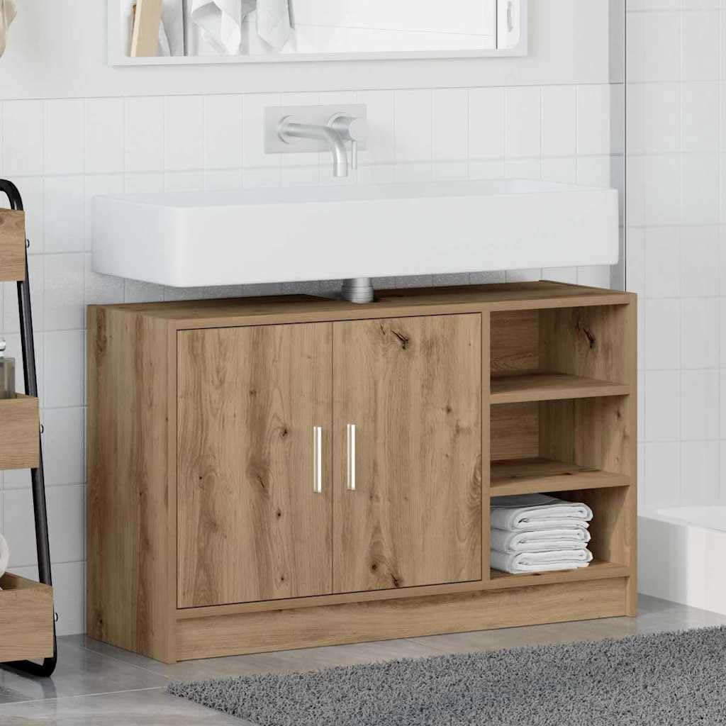 Meuble de Salle de Bain en Bois d'ingénierie Chêne Artisanal 90 x 29 x 55 cm avec Rangement, Portes suspendues, poignées en Argent pour Salle de Bain Moderne et Pratique