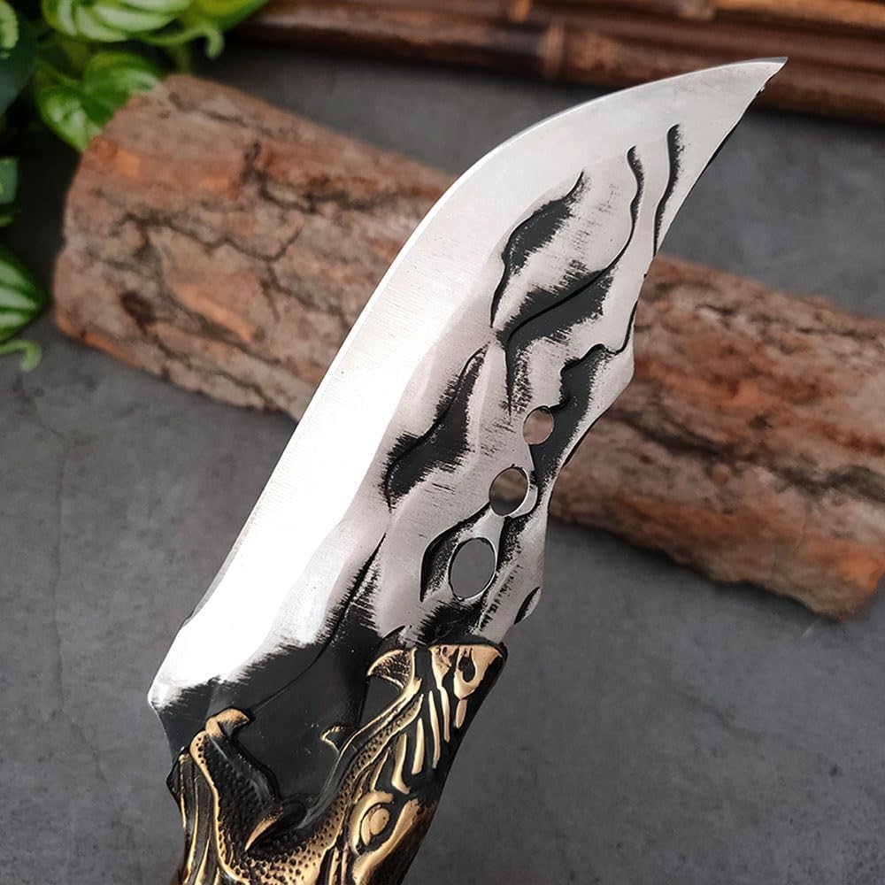 Meat Cleaver,Cleaver Knife 4 Inch Hand Forged Cleaver Knife Of Chef Knives Stainless Steel Butcher Knife Wood Handle Dragon Head Kitchen Knives Boning Tool (Color : A knife with cover)