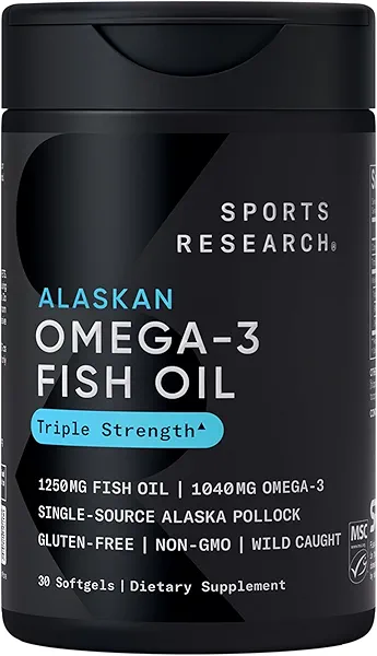Sports Research Triple Strength Omega 3 Fish Oil Supplement - EPA & DHA Fatty Acids from Wild Alaskan Pollock - Heart, Brain & Immune Support for Adults, Men & Women - 1250 mg Capsules (30 ct)
