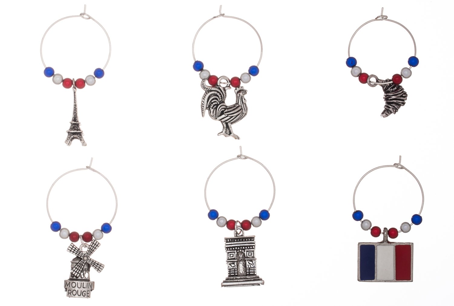 Libby's Market Place Multicolour Set Of 6 France Wine Glass Charms With Organza Gift Bag