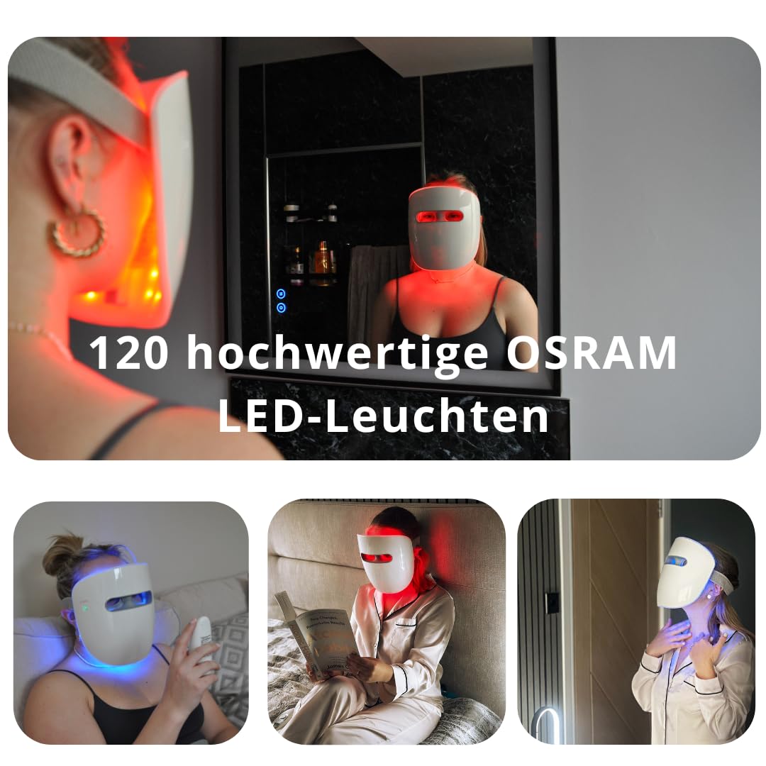 TensCare LED Gesichtsmaske mit Rot Blau und NIR Licht | Kabellose Lichttherapie-Maske für Hautpflege bei feinen Linien, ungleichmäßigem Hautbild und unreiner Haut.