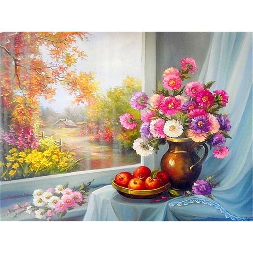 Diamant painting salon chic : toile grand format fleurs et fruits 50x70 cm