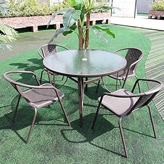 DKIEI Garden Furniture Sets Table & 4 Chairs Set 105CM Round Garden Dining Table with Parasol Hole Garden Rattan Bistro Chair for Patio Balcony Backyard Brown