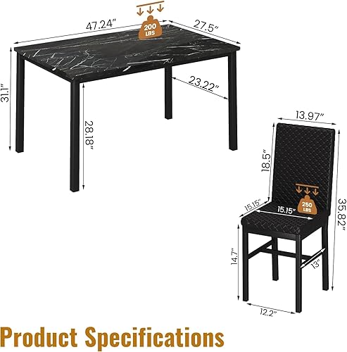 Miniatura 2 de Recaceik Juego de 4 mesas de comedor para 4, mesa de cocina y sillas, juego de mesa de comedor de mármol sintético con 4 sillas tapizadas de piel