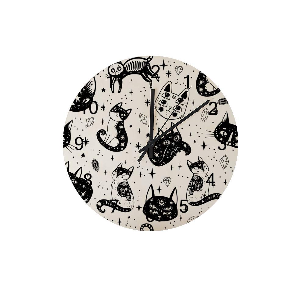 Horloge murale ronde en bois motif chat de sorciere 30 cm