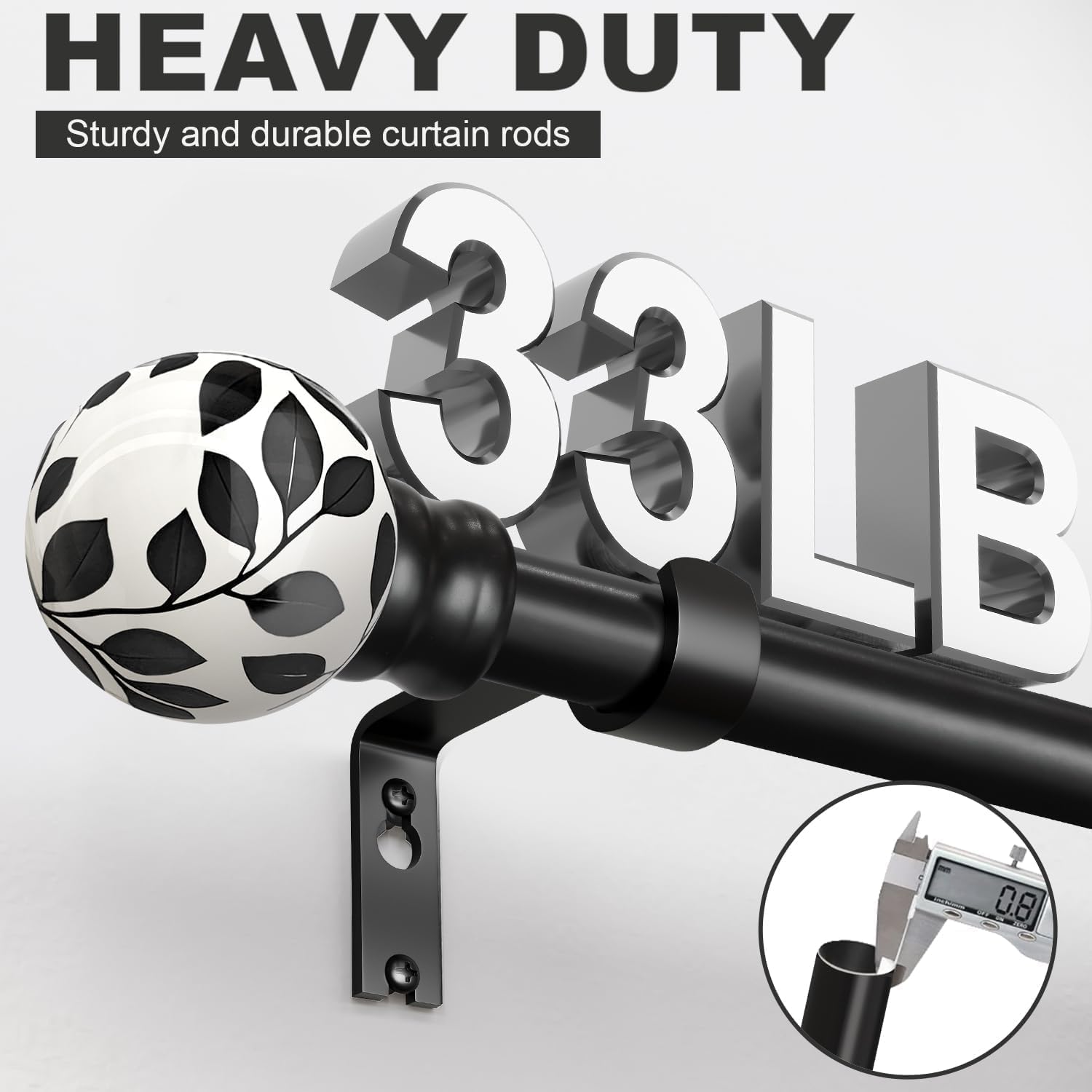 Ceramic Curtain Rods Black for Windows 66 to 120 Inches Adjustable Length Heavy Duty 1" Diameter Window Curtain Rod with Modern Leaf Pattern Decorative Finials for Bedroom Kitchen Living Room