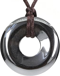 Keleny Semi Precious Gemstones 40mm Circle Peace Donut Beads Pendant Brown Braided Rope Necklace, Stone, hematite,