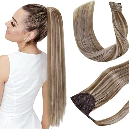 Hetto Extensiones de cola de caballo de 22 pulgadas, extensiones de cabello humano real, cola de caballo mágica, #10613, color castaño dorado,