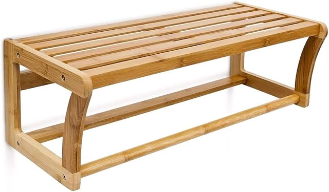 Moisture-Resistant Wall Mounted Natural Brown Bamboo Bathroom Shelf, Towel Rack and Storage Unit