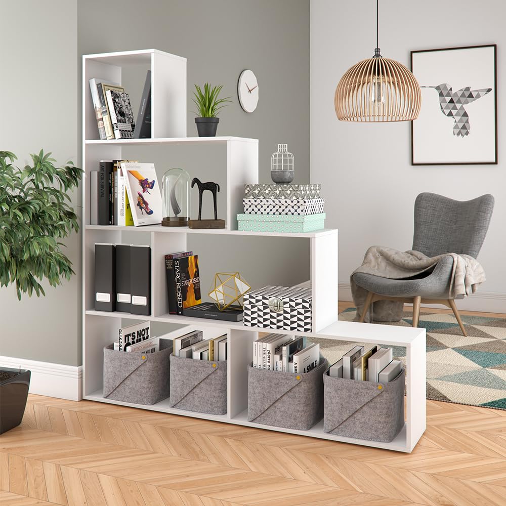 Vicco Treppenregal, Weiß, 163 x 155 cm | als Raumteiler mit offenen Stufenfächern verwendbar
