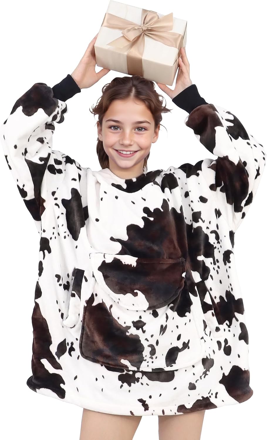 cow print Wearable Blanket Hoodie for Teens - Oversized Cozy Soft Brown and White Sweatshirt Blanket Gifts for Teens Girls Boys 6-13 Year Old - Image 8
