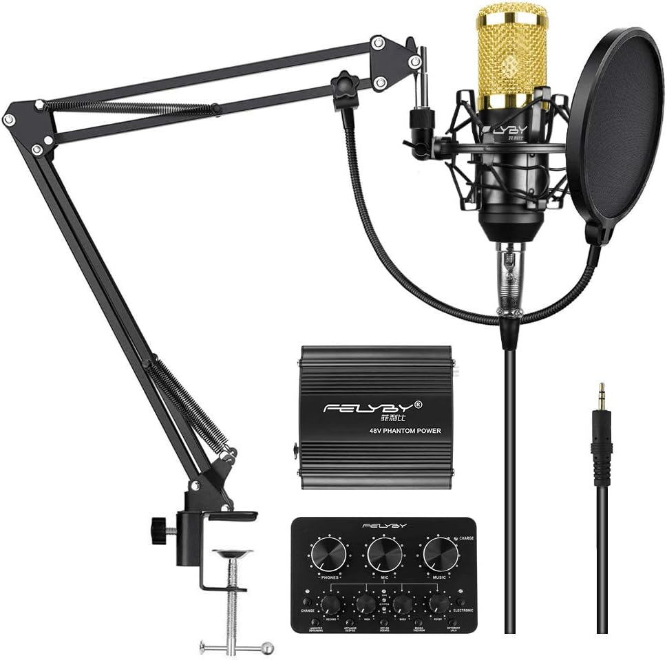 FELYBY Professional Condenser Microphone, Cardioid Recording Microphone Kit with Adjustable Suspension Scissor Boom Arm, Live Sound Card, Perfect for YouTube/Video Conference/Gaming/Skype/Zoom