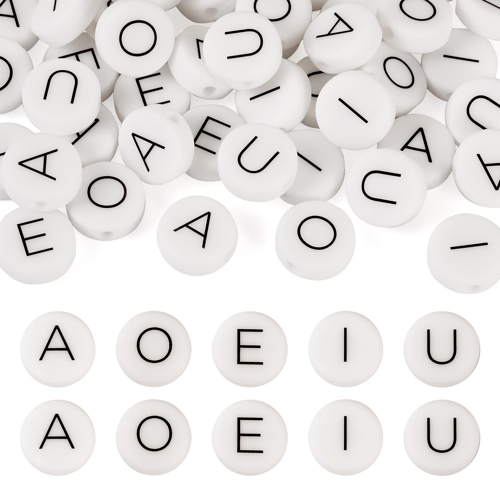 Spritewelry 50 Pcs Silicone Letter Beads White Flat Round Letter A E I O U Vowel Beads Alphabet Spacer for DIY Bracelets Necklaces Earrings Jewelry Making