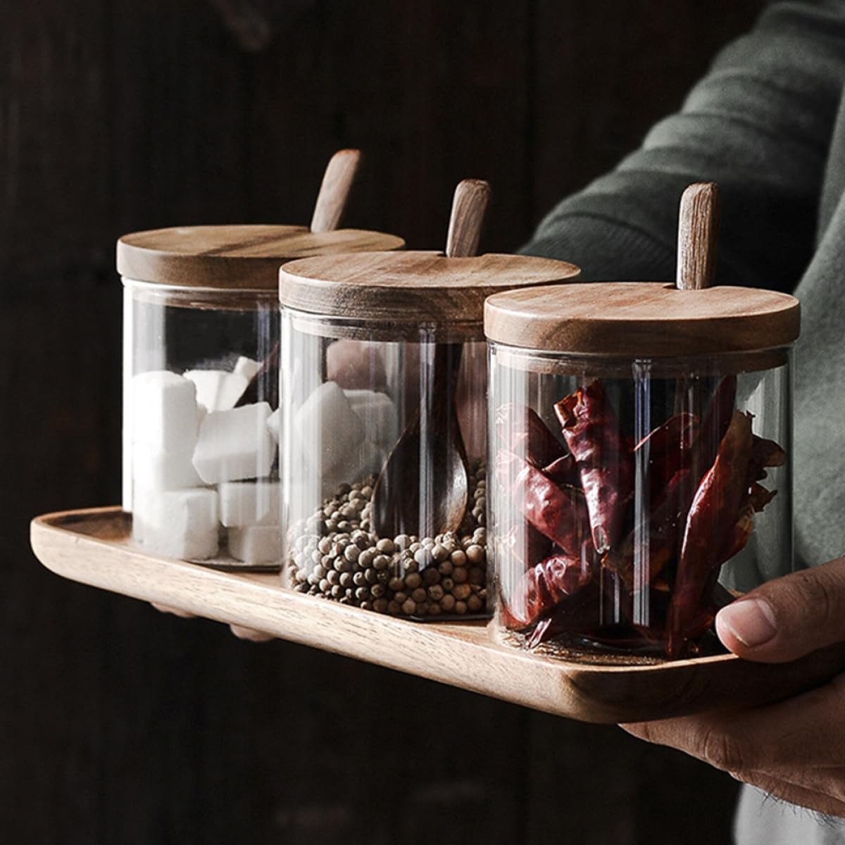 Gewürzglas Satz 1 Satz aus Glas mit Holzdeckel und Löffel | Tablett, für Küche und Kochen, Transparentes Aufbewahrungsgefäß für Gewürze