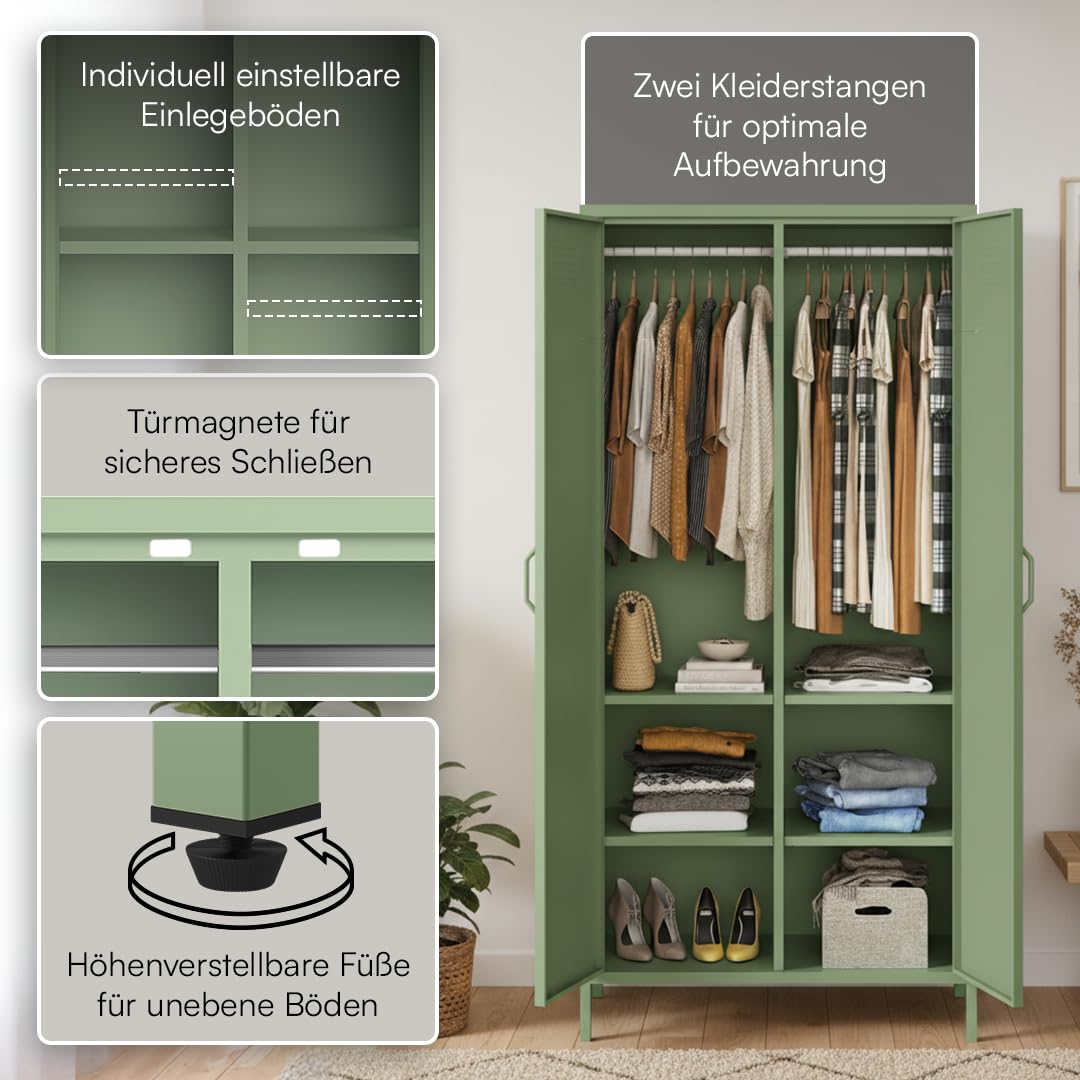 skølm Atria Kleiderschrank Metall – Metallschrank mit 6 Fächern & 2 Kleiderstangen – Garderobenschrank in Mintgrün – Metallkleiderschrank 80 cm breit – Schlafzimmerschrank – Industrial Schrank Flur