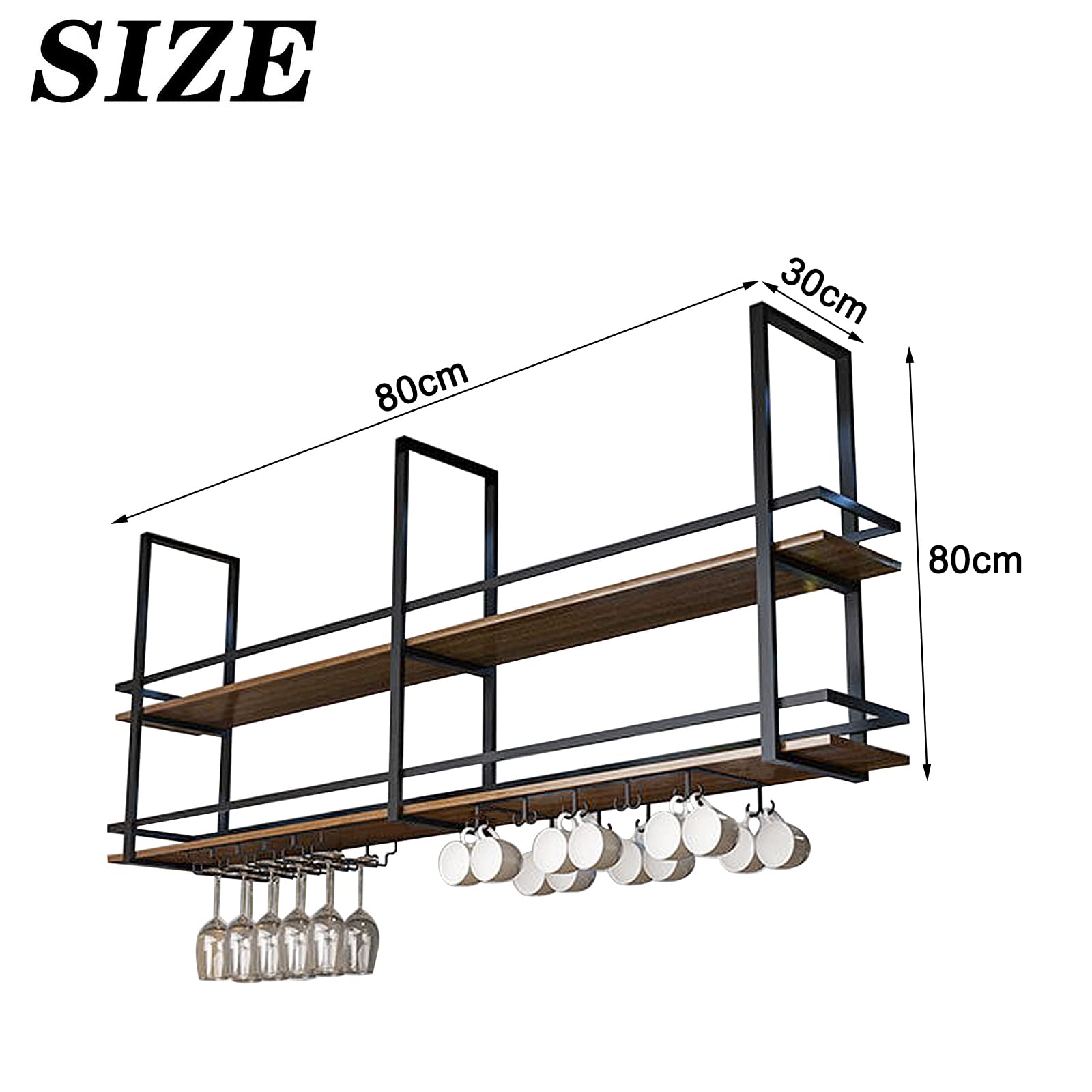 Botellero Colgante Techo, Soporte para copas de vino Colgante, 2 Niveles Soporte para Botellas de Metal de Gran Capacidad, Estante Multi Funcional para Vino para Bar Comedor Cocina 80×30×80cm - 3
