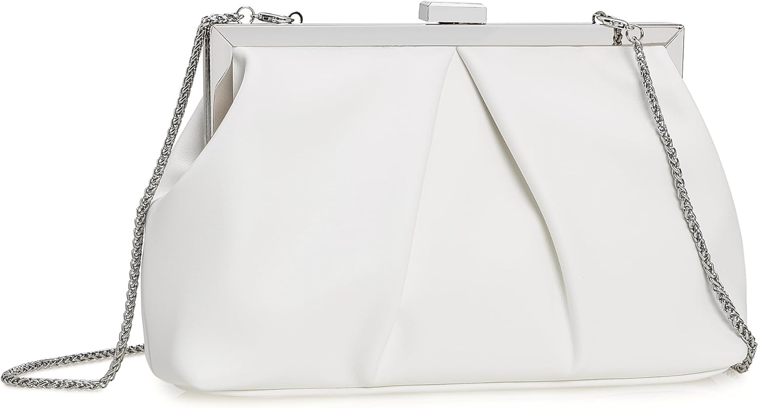 CHARMING TAILOR Faux Leather Clutch Purse Ruched PU Metal Frame Formal Evening Bag with Pearl Starp