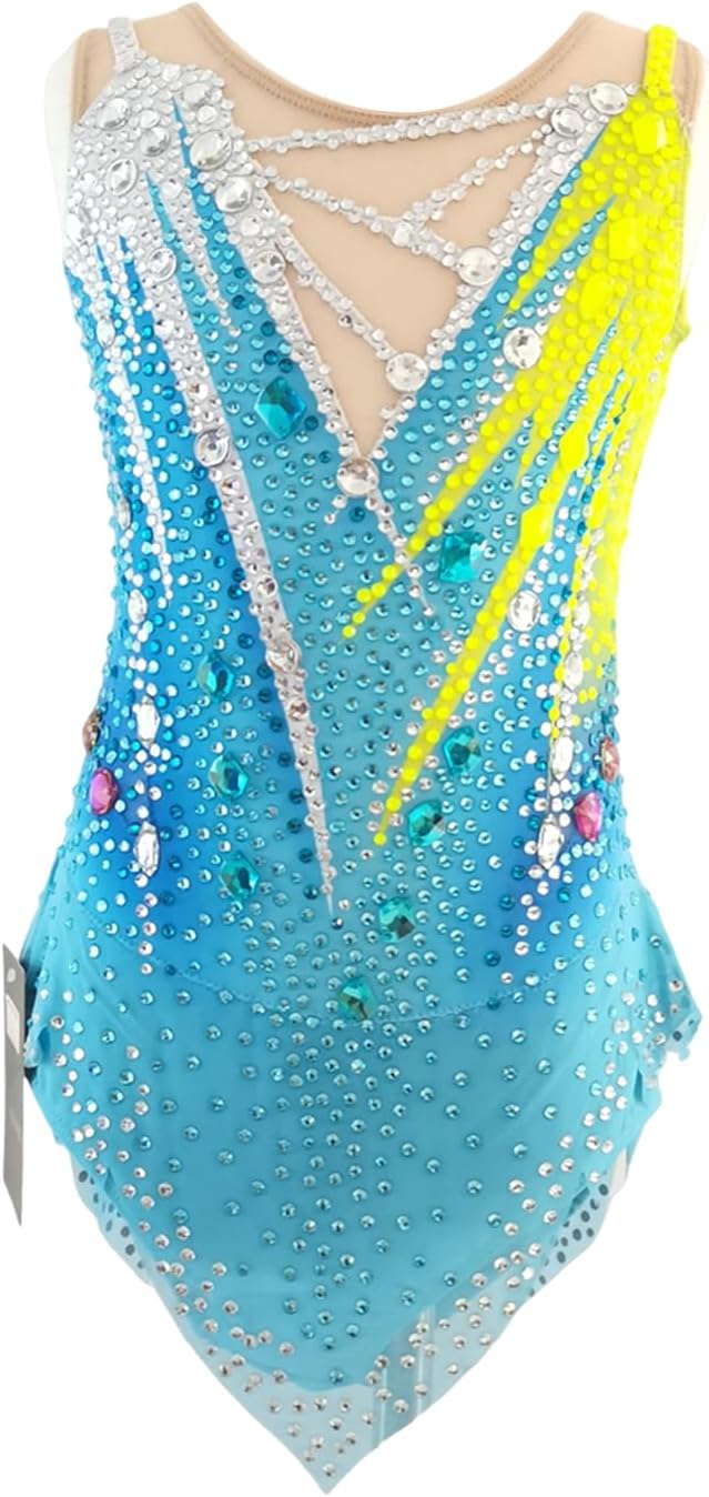 LIUHUO Gymnastics Costumes Rhythmic Gymnastics Leotard Women Girls Blue Spandex Figure Competition Sleeveless