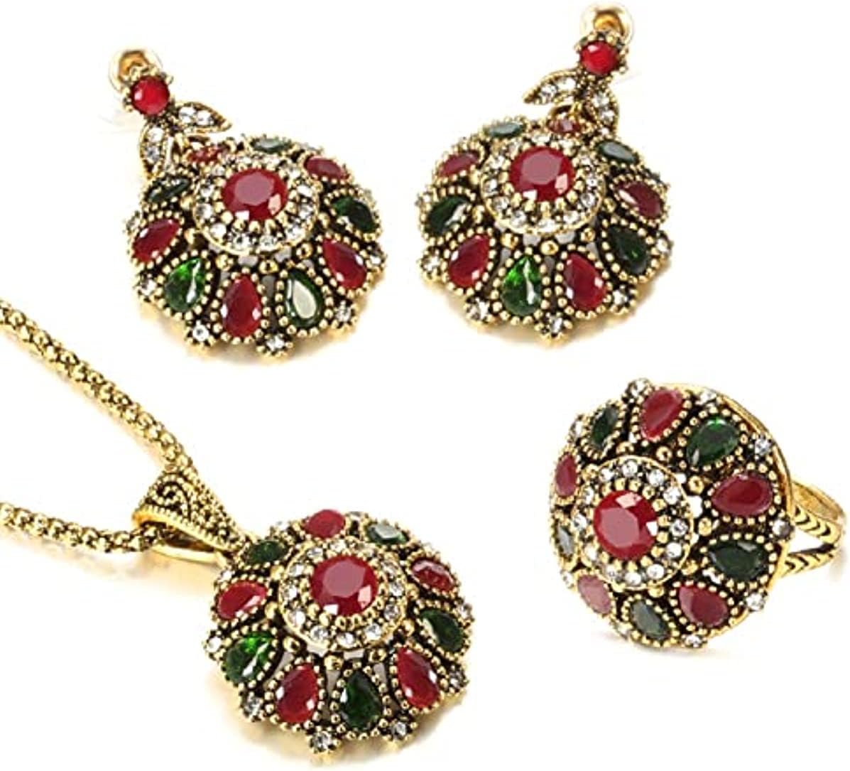 3Pcs/set Big Flower Pendant Necklace Earrings Ring Crystal Floral Antique Gold Plated Vintage Statement Jewelry Set for Women Turkish Jewelry Party