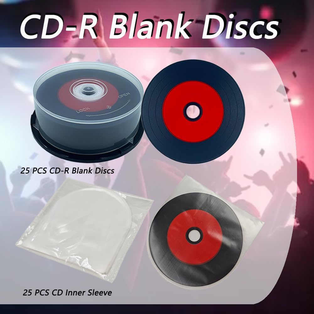 25PCS CD-R Blank Discs 700MB 80min 52X Recordable Disc for Music and Data with White Inkjet Printable Center and Black Recording Surface for Data.Includes 25 CD Inner Sleeve-Black/Red