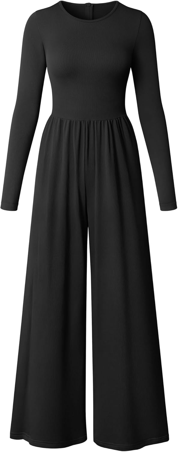 OQQ Womens Jumpsuits Dressy One Piece Outfits Long Sleeve Crew Neck Casual Wide Leg Pants Jumpsuits