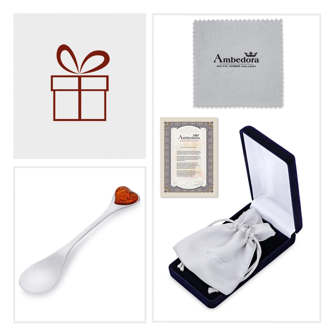 Cuchara tamaño M, plata de ley pulida con corazón de ámbar báltico, cuchara mediana de plata con corazón de ámbar, regalo para bautizo, boda, aniversario, cumpleaños, aniversario
