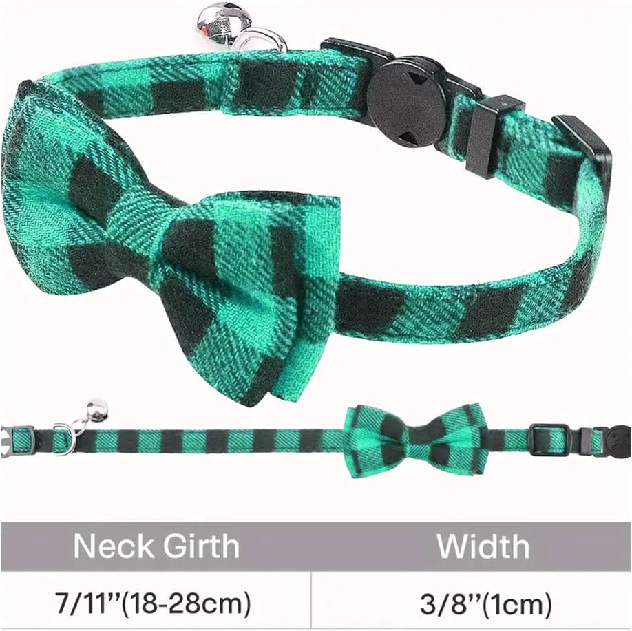 Linda coleira quadriculada para gatos com laço - coleira ajustável e confortável, perfeita para gatos e outros animais de estimação pequenos, verde